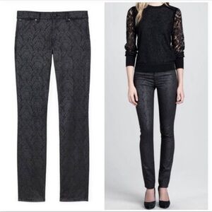 Tory Burch Honour Black Embossed Tonal Floral Printed Jeans